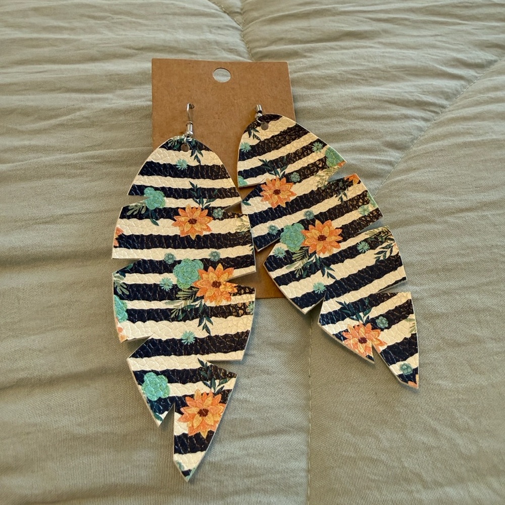 Hand Made Striped Floral Leaf Faux Leather Earrings in Navy, White & Orange